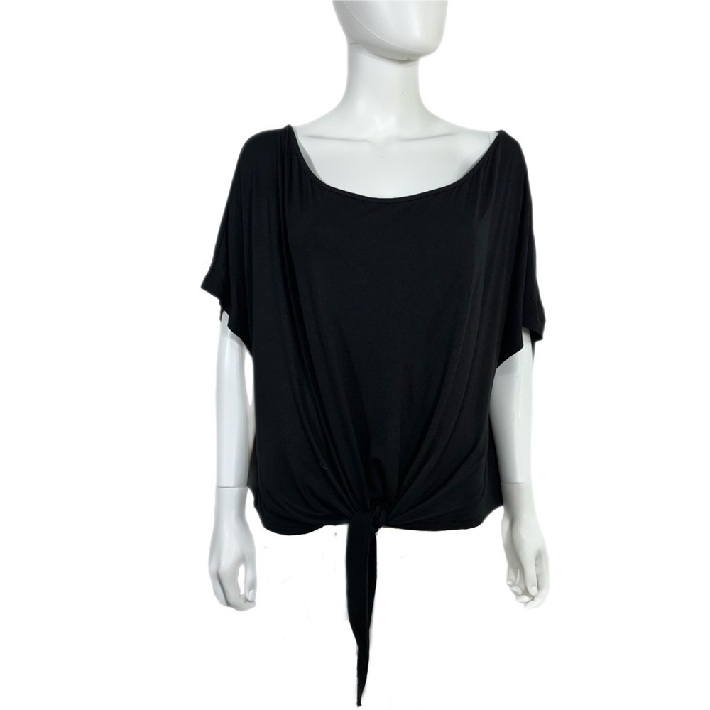 SHEIN Curve Black Wide Neck Tie Front Loose Fit Top